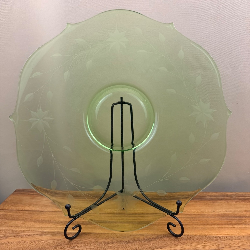 Vintage Green Uranium Glass Etched Floral Scalloped Console Bowl Plate 13.5"